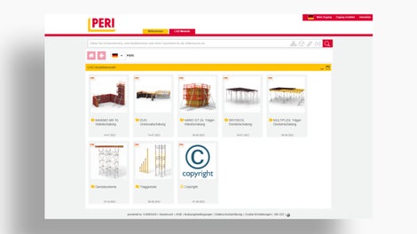 Models of PERI products for planning formwork and scaffolding in the CAD software.