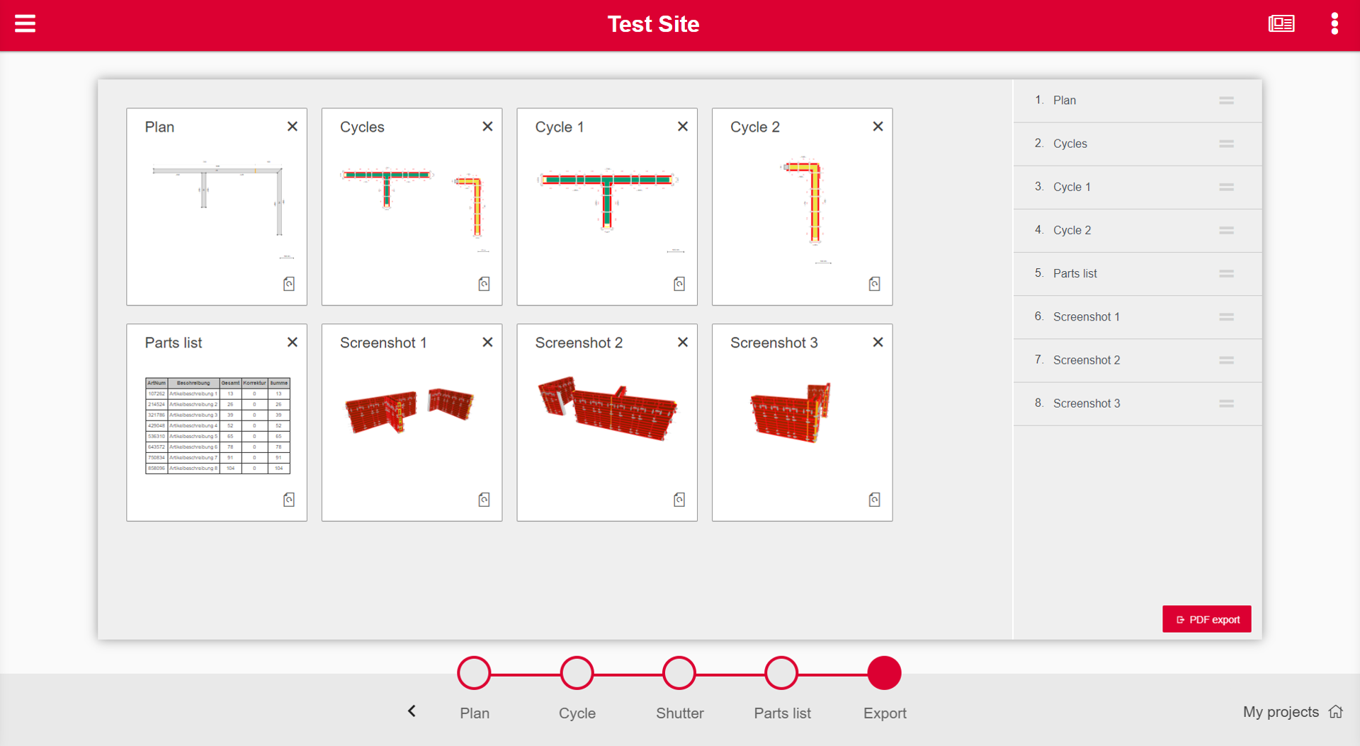 Export: The user can choose which information to export from PERI QuickSolve.