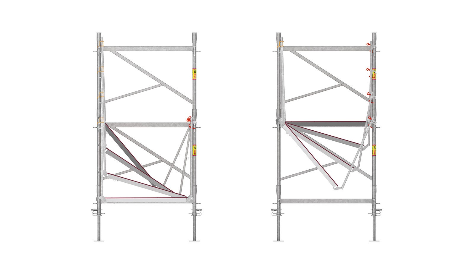 Turvallinen asennus ilman lisäosia tasojen sekä päästä-päähän ulottuvien kaiteiden erityisen suunnittelun ansiosta.