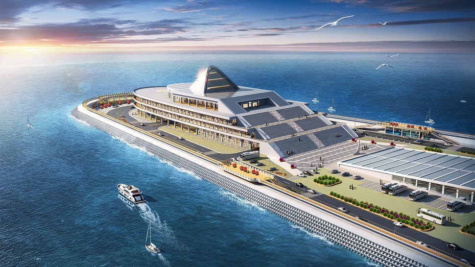 在港珠澳大桥的东、西人工岛隧道出口处，建造了醒目的清水混凝土结构。图中右侧为隧道的东出口。（图示：©中国交通建设有限公司联合体. CCCC）