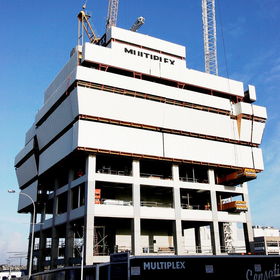 Perimeter Beam formwork - 25m x 25m ACS system providing 3 levels of platforms for remedial works.
