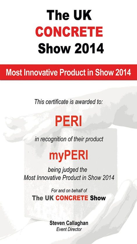 The market launch of the online portal in Great Britain was a great success: myPERI was awarded the "Most Innovative Product" prize at the UK CONCRETE Show.