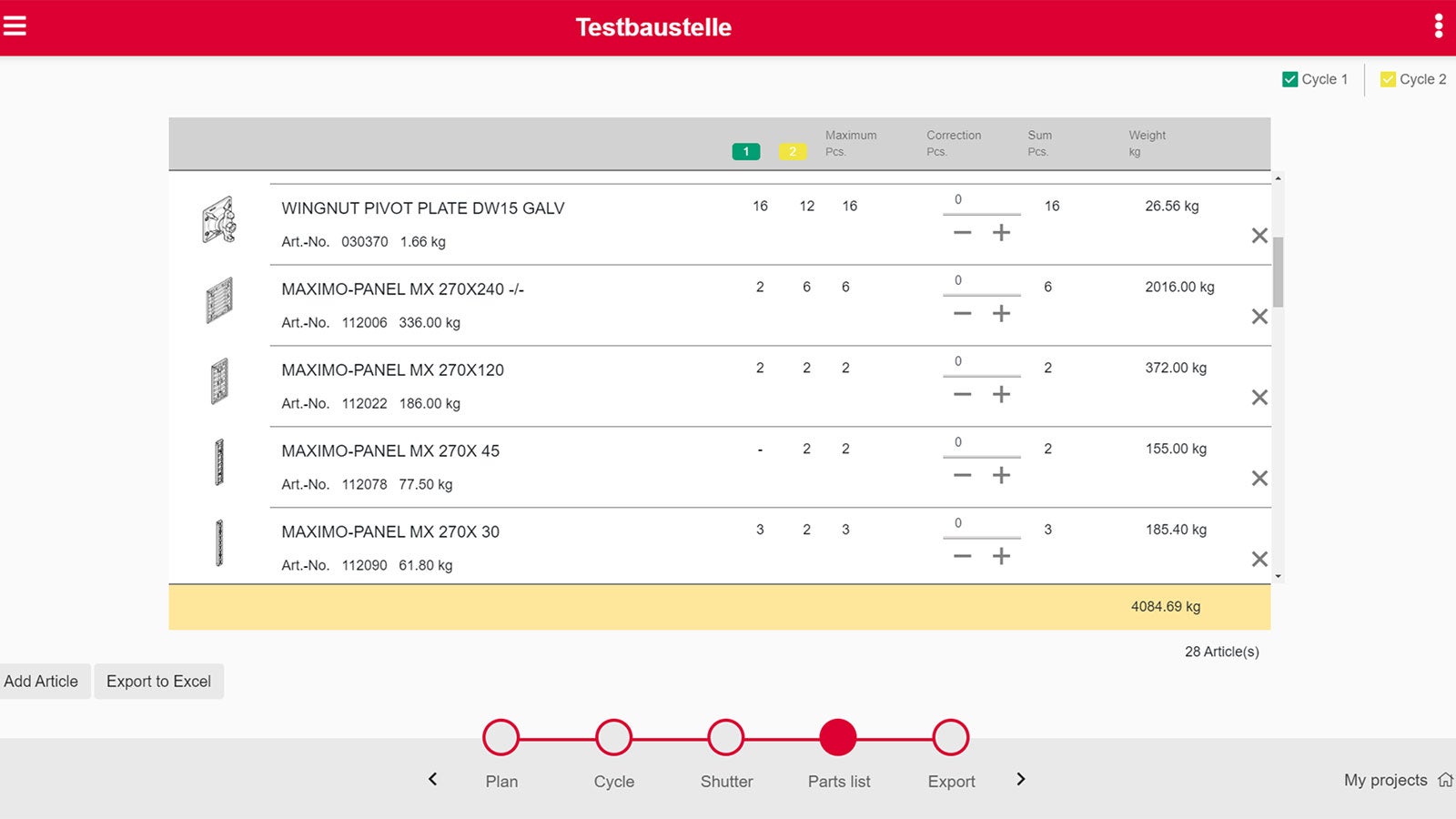 Parts list: The structured parts list for the shuttered MAXIMO layout.