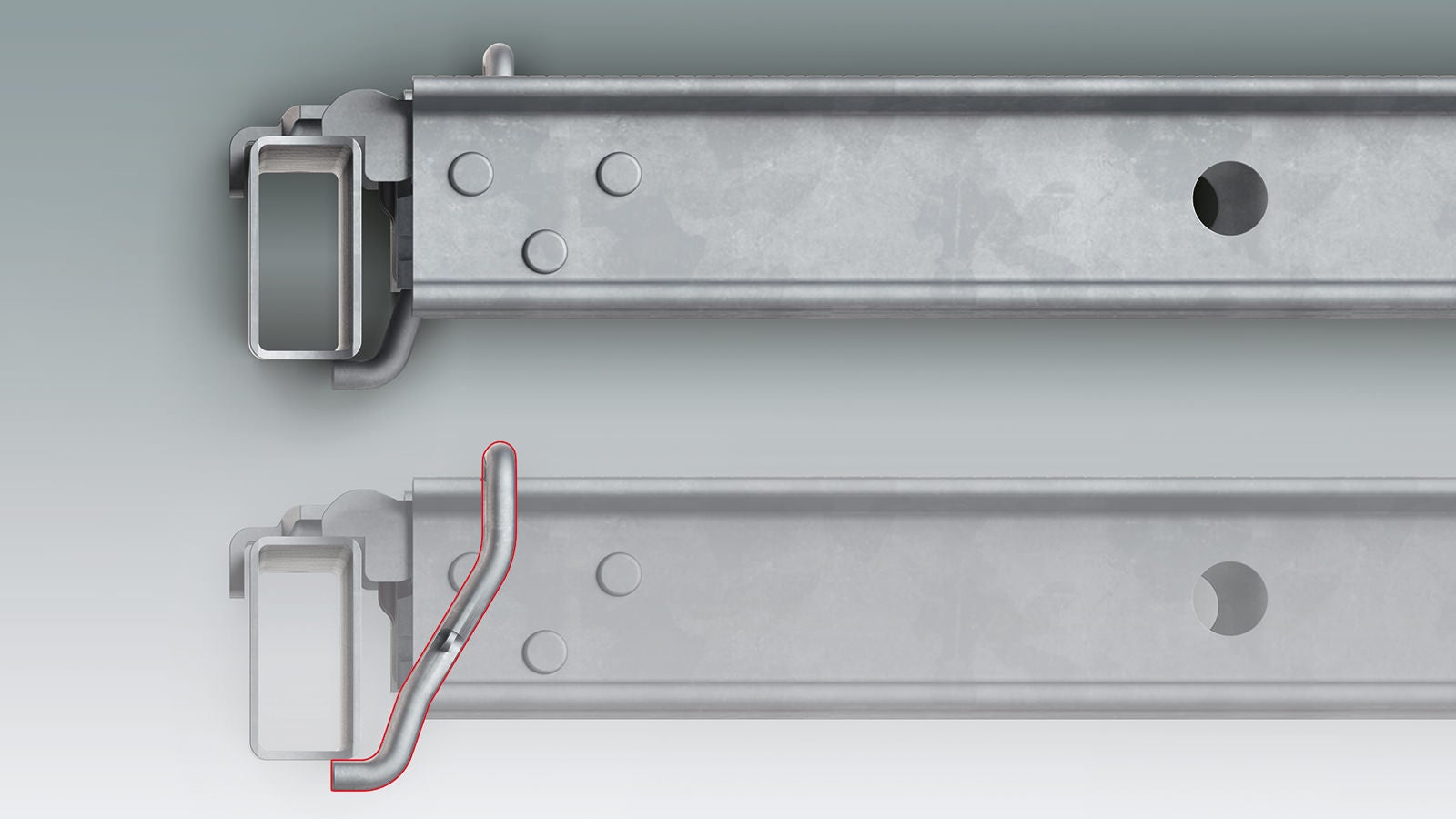 The integrated protection against lifting in the scaffold decking in detail: the integrated clamp engages the rectangular ledger and thus secures the position of the decking. PERI UP decks are also secured against lifting after installation without requiring any additional components.