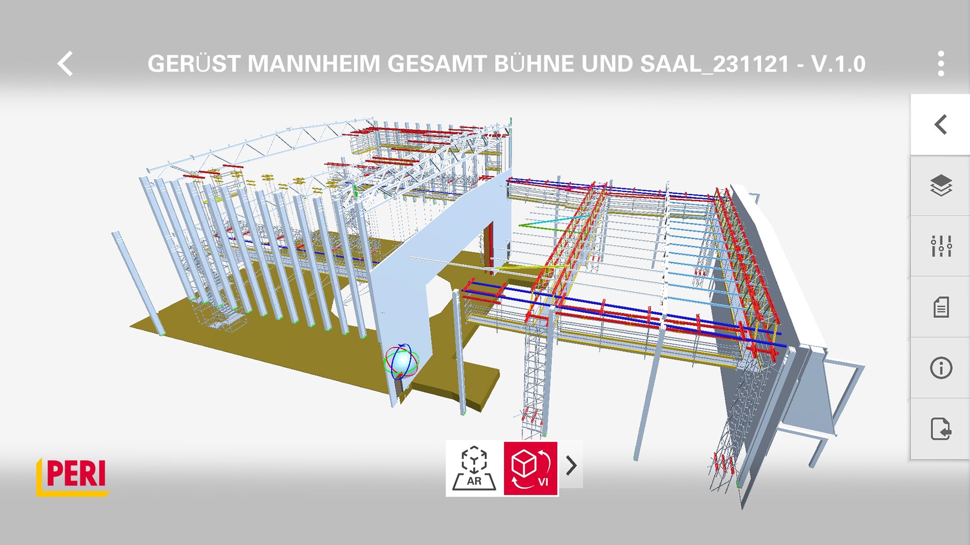 Die PERI Extended Experience App (XR) stellte das in PERI CAD geplante 3D-Gerüstmodell auf Tablet oder Smartphone digital bereit.