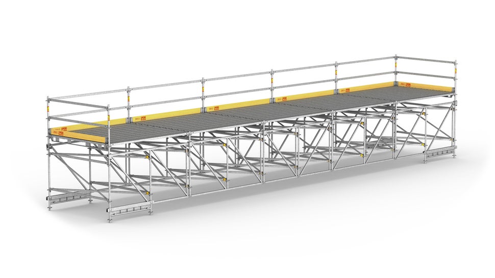 Der Gitterträger kommt als weitgespannte Arbeitsplattform und temporäre Fußgängerbrücke zum Einsatz.<br/>