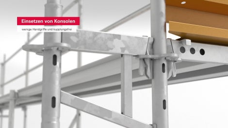 Intelligente Verbindungstechnik (Gravity Lock) an Riegel, Konsolen, Auflagen. Der Keil des Gravity Lock fällt durch sein Eigengewicht in den Gerüstknoten und benötigt für den Kraftschluss nur noch einen Hammerschlag. Die Riegel lassen sich durch den Gravity Lock auch einfach aus der Ferne in den Gerüstknoten einlegen.