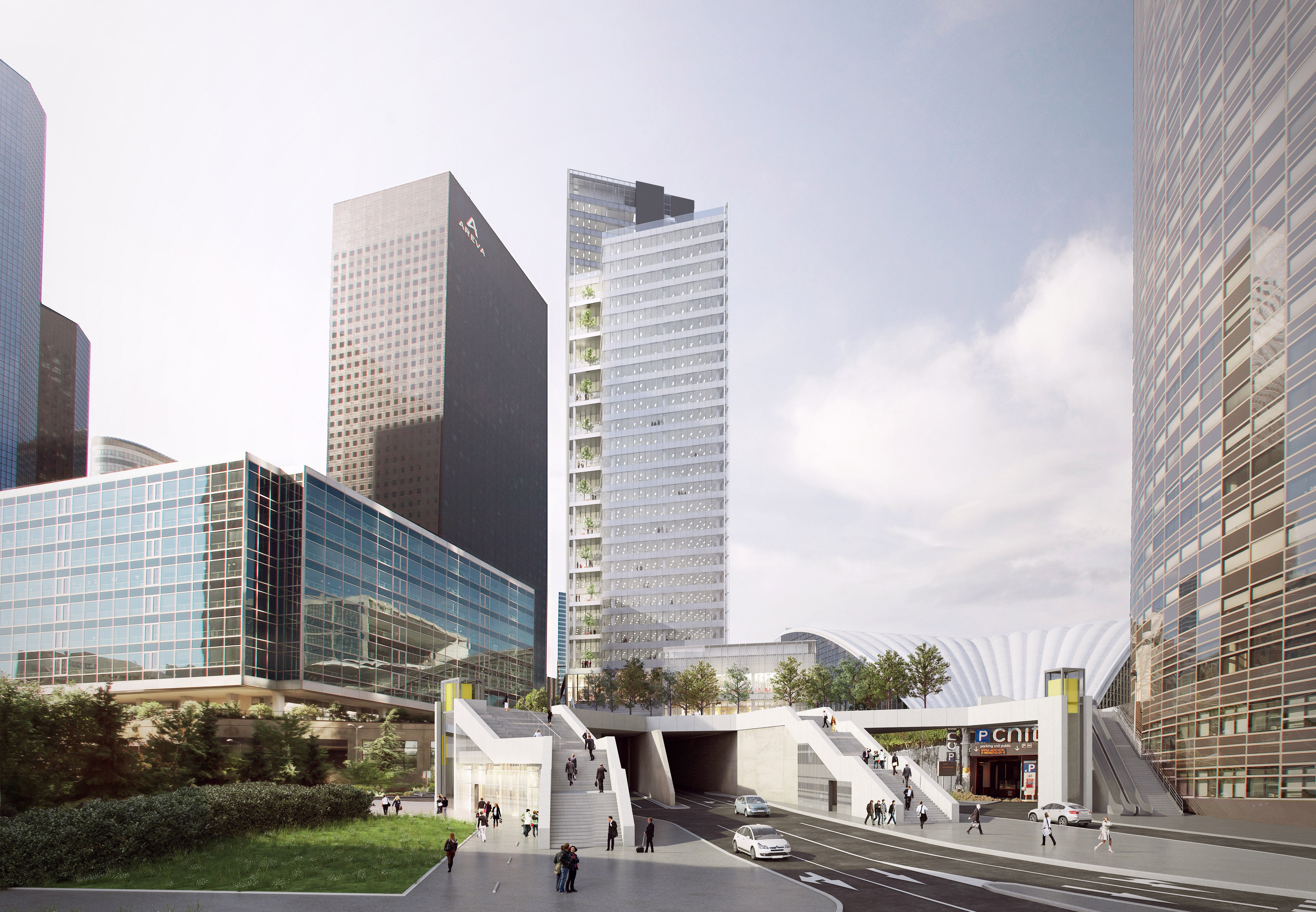 Vue projet de la Tour Trinity dans son environnement final : la vue du projet de la Tour Trinity au-dessus de la 2 x 2 voies dans le quartier d'affaires très dense de La Défense, Paris.