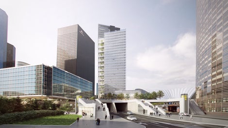 Vue projet de la Tour Trinity dans son environnement final : la vue du projet de la Tour Trinity au-dessus de la 2 x 2 voies dans le quartier d&#039;affaires très dense de La Défense, Paris.