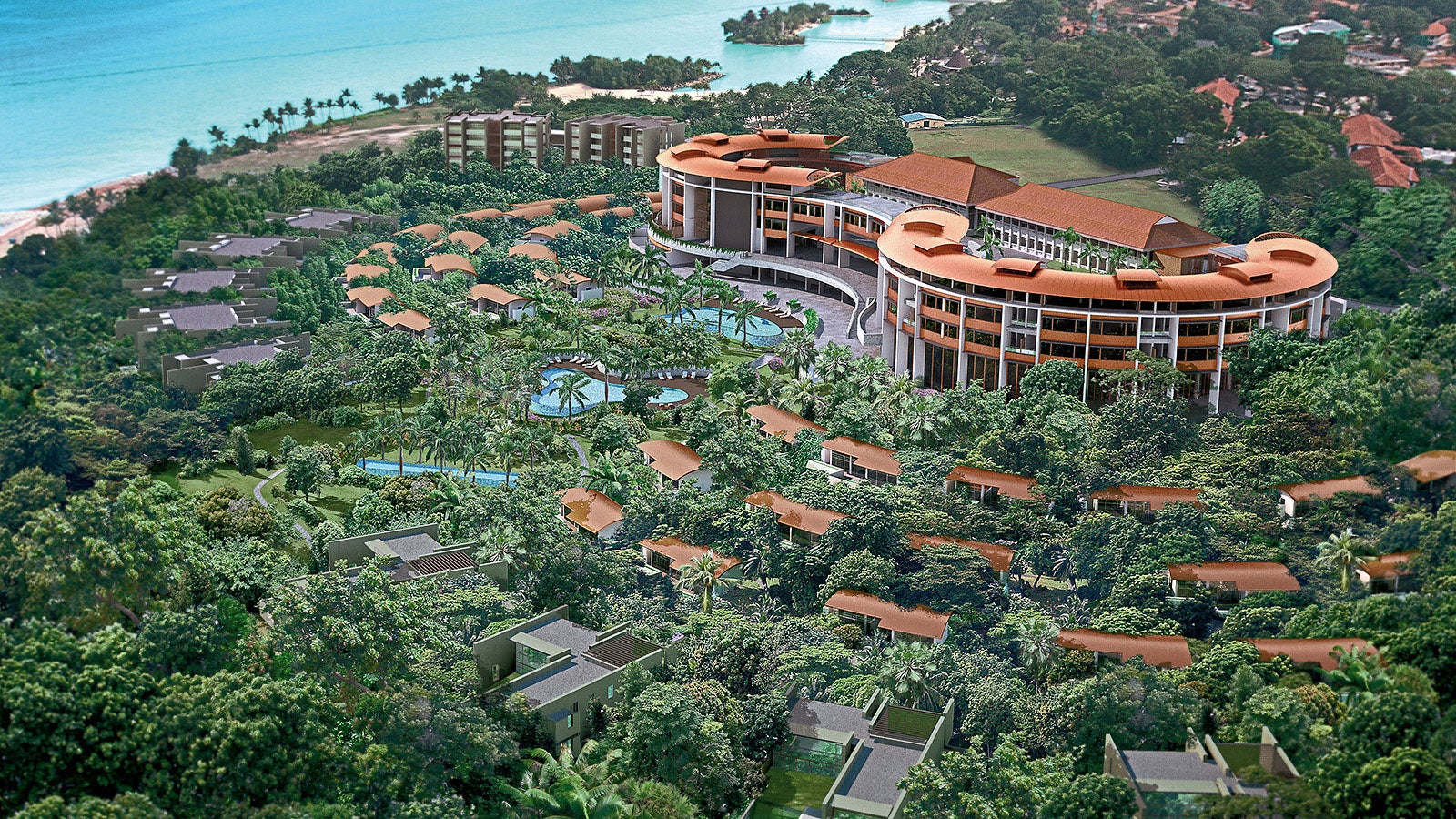 The luxury Capella Hotel on Sentosa Island has 110 generously-sized guest rooms and almost 60 exclusive resorts.