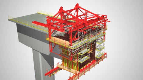 Das VARIOKIT Freivorbaugerät ist eine clevere und tragfähige Lösung. Die vollintegrierte Hydraulik zum Verfahren und Ausrichten der Schalung ermöglicht eine komfortable Bedienung und beschleunigt die Arbeitsabläufe. Dank der hohen Tragfähigkeit des Freivorbaugeräts lassen sich bis zu 5,75 m lange Betonierabschnitte realisieren. Das reduziert die Anzahl der Takte und verkürzt die gesamte Bauzeit deutlich.