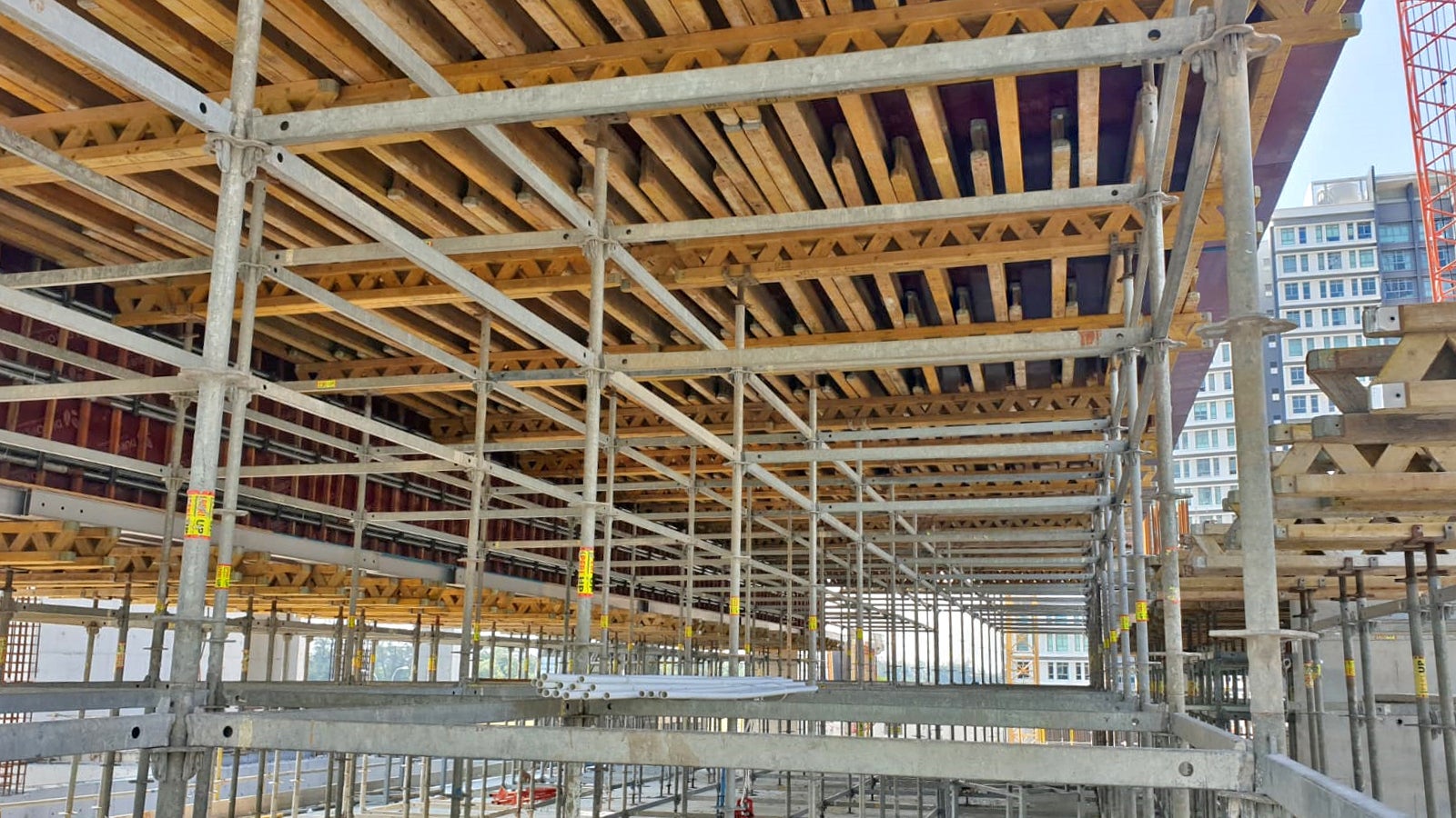 Close up view of PERI UP shoring and GT 24 girders which benefitted the site with quick installation, high flexibility and high load-bearing capacity.