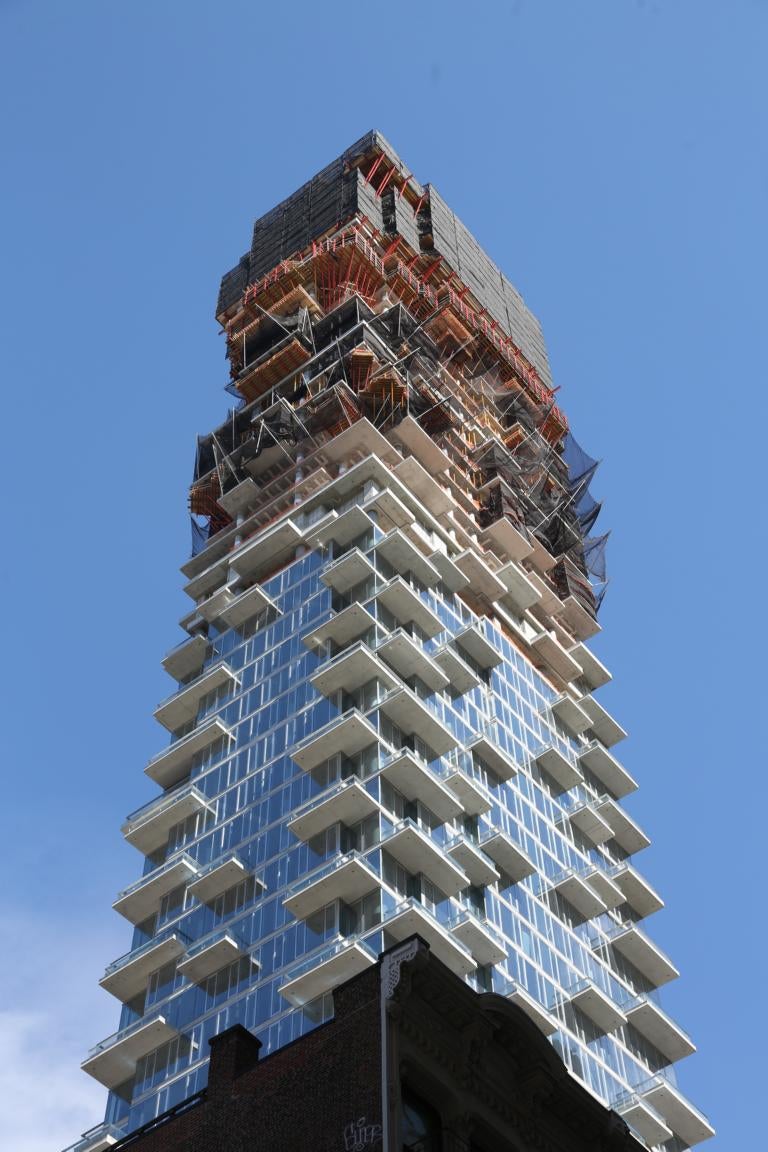 The countless cantilevered balconies and jagged edges are what gives the tower its unique appearance and the nick-name "Jenga Tower"