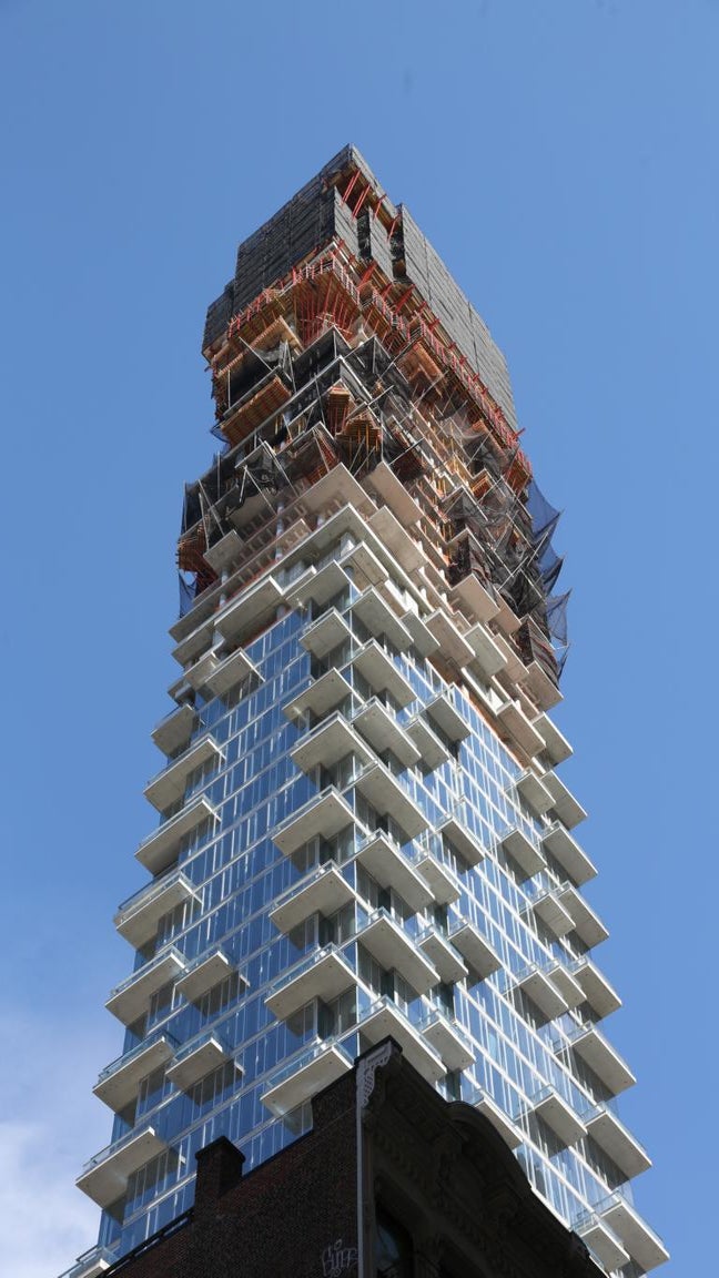 The countless cantilevered balconies and jagged edges are what gives the tower its unique appearance and the nick-name &quot;Jenga Tower&quot;