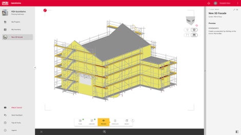 Nach der Eingabe weniger Informationen, wie Bauwerksmaße, Dachform, Feldlänge und gewünschte Bauteile, erstellt das Tool automatisch Ihre Fassadengerüstplanung in 3D. Sie können dabei bestimmen, ob Ihr eigener Materialbestand bei der Planung berücksichtigt werden soll. Stücklisten, Pläne und Screenshots der Lösung lassen sich einfach als PDF-Datei exportieren.
