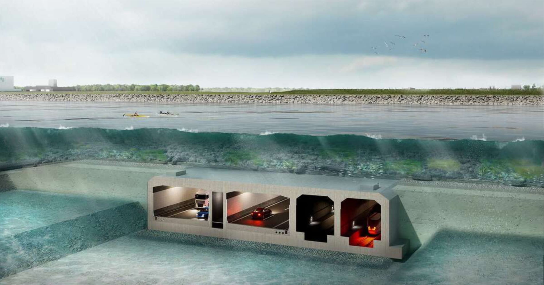 Visualisierung des Tunnels nach seiner Fertigstellung mit seinen fünf Korridoren.