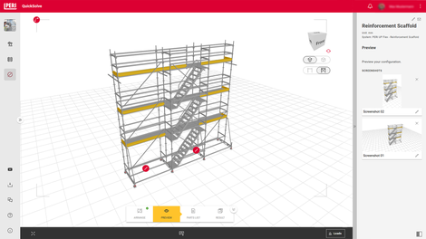 Erstellen Sie mit nur wenigen Klicks das für Ihren Einsatzzweck passende Bewehrungsgerüst und betrachten Sie die geplante Lösung in 3D. Stücklisten, Screenshots und weitere Informationen können Sie als PDF-Datei exportieren und zur Unterstützung beim Aufbau nutzen.