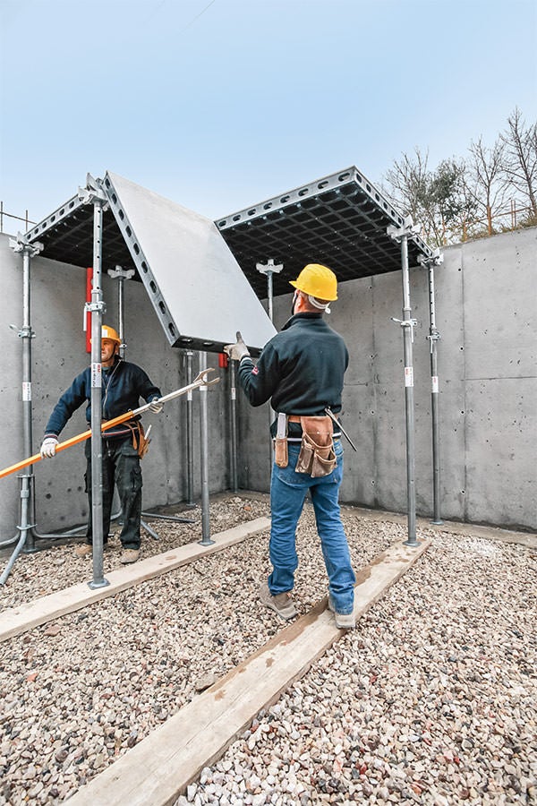 Walls, foundations, columns as well as slabs can be efficiently formed using an absolute minimum of system components and virtually no tools and equipment.