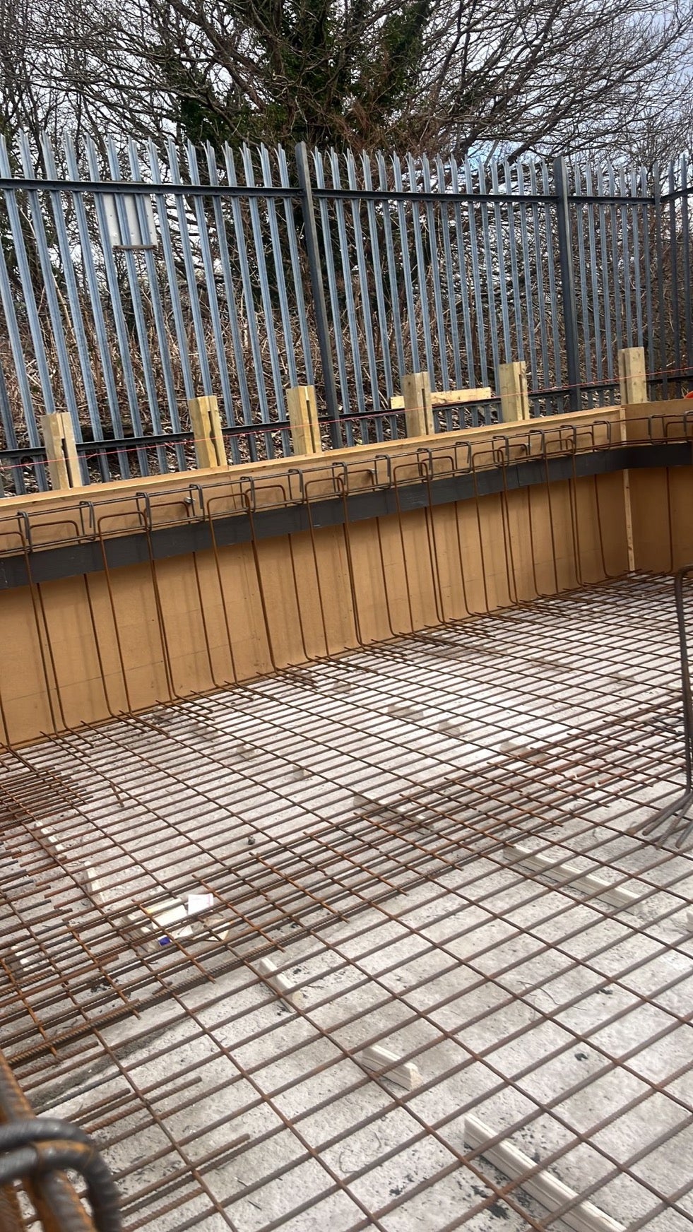 Reinforcement in place ahead of the concrete pour, demonstrating how waterproofing design and installation are integrated early in the construction process.