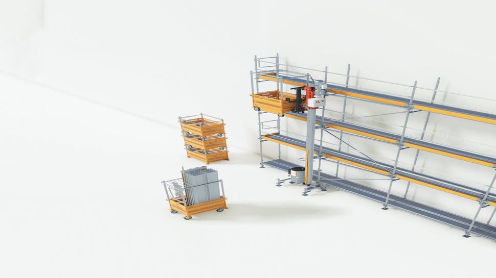 Dank der abnehmbaren Transportkörbe ermöglicht der Alimak STS 300 neben dem vertikalen Transport auch den horizontalen Transport von Gerüstbauteilen.<br/>