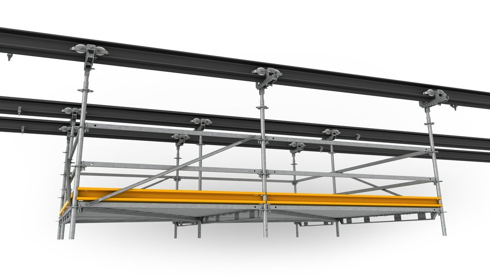 Das Hängegerüst kann durch leichtgängige Kunststoffrollen mit geringem Kraftaufwand verfahren werden.<br/>