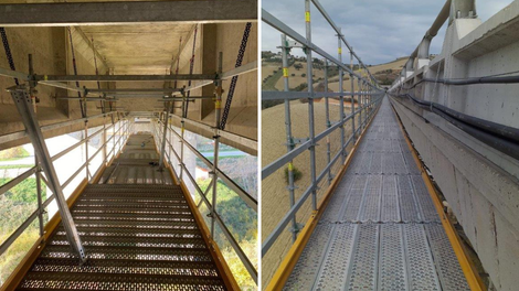 Passerelle pedonali realizzate con il ponteggio multidirezionale PERI UP per lavorazioni sui cordoli centrali o laterali