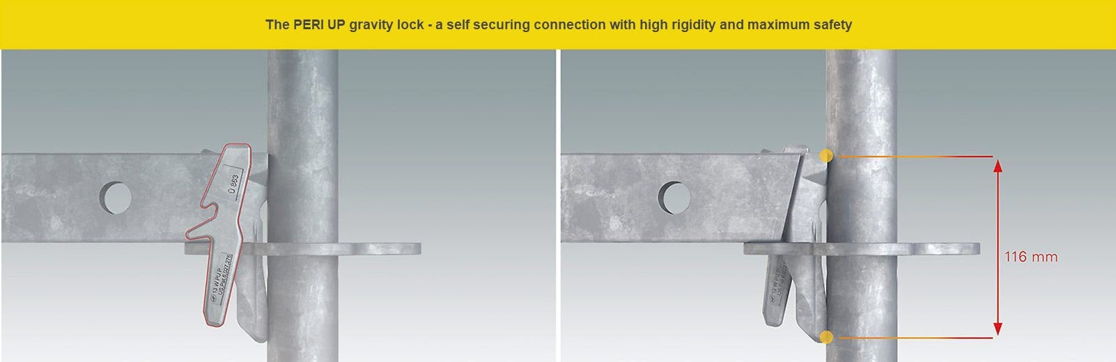 The PERI UP gravity lock for safe, instant connection between ledger (horizontal) and vertical (standard) 