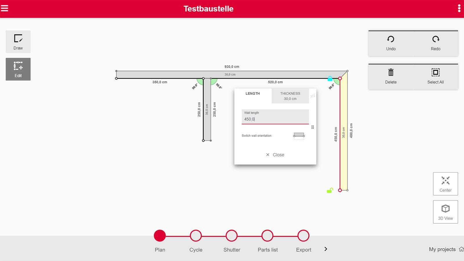 Layout in step Plan: In the menu „Edit“, users can change the dimensions of their layout (wall thicknesses, delete walls, etc.)