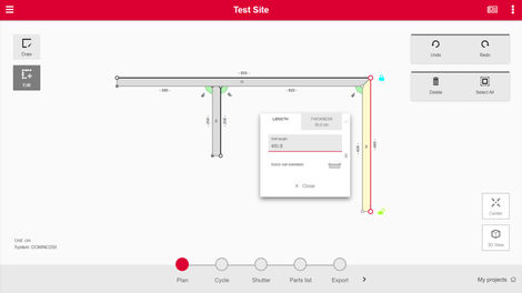 Layout in step plan: In the menu „Select“, users can change the dimensions of their layout (wall thicknesses, delete walls, etc.).