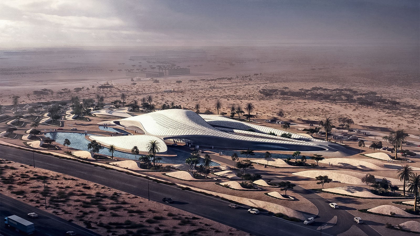 The new headquarters of the environmental company Bee'ah is currently being realized according to the plans of the famous architect Zaha Hadid. The design of the futuristic building with its complex structure is based on the shape of a sand dune. (Source: www.zaha-hadid.com)<br/>